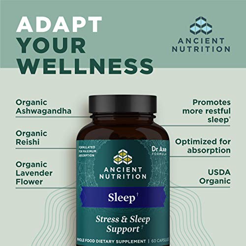 Ashwagandha for Sleep Support by Ancient Nutrition, for Stress and Sleep Support, Promotes Mental Relaxation, Gluten Free, Paleo and Keto Friendly, 60 Capsules