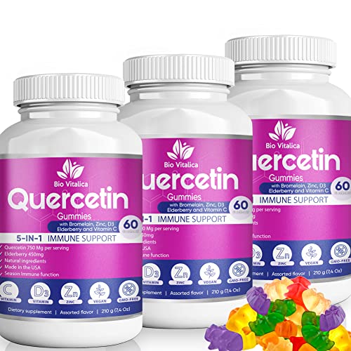 Quercetin Gummies by BioVitalica - Quercetin with Bromelain Vitamin C and Zinc & Elderberry + Vitamin D3 - 5 in 1 Immune Support - Zinc Quercetin 750 mg for Kids and Adults (3)