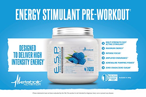 Metabolic Nutrition | ESP - Stimulating Pre Workout, Pre Intra Workout Supplement | Energy & Endurance Stimulating | Natural, Safe & Mental Focus | Blue Raspberry, 300 Grams (90 Servings)