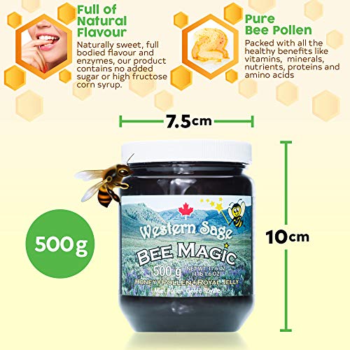 Bee Magic Healthy Raw Honey (500g) by Western Sage - Unpasteurized Honey, Bee Pollen and Royal Jelly Blend - Natural Honey Combination To Promote Health - Pure Honey