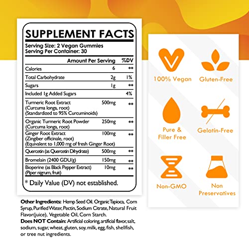 Turmeric Curcumin Gummies with Quercetin, Bromelain, Ginger, Bioperine - Organic & Vegan Anti-inflammatory, Seasonal, Immune, Joint Support Tumeric Curcumin Supplement with Black Pepper - 2Pc/120ct