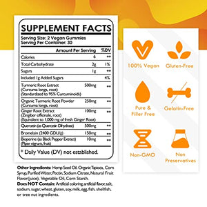 Turmeric Curcumin Gummies with Quercetin, Bromelain, Ginger, Bioperine - Organic & Vegan Anti-inflammatory, Seasonal, Immune, Joint Support Tumeric Curcumin Supplement with Black Pepper - 2Pc/120ct