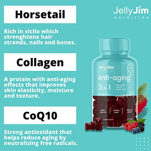 JELLY JIM NUTRITION Anti Aging 3-in-1 Gummy Supplements with Collagen, CoQ10, and Horsetail Extract, for Skin Rejuvenation and Increased Hair and Nail Growth, for Men and Women, 2 Month Supply