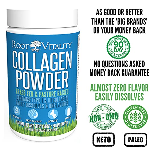 Root Vitality Collagen Powder, Collagen Peptides, Grass Fed, Premium Quality Collagen Protein, Pasture Raised, Easily Dissolves, Keto & Paleo Friendly, Non-GMO, 300 Grams