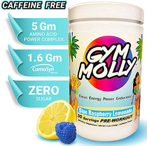 Gym Molly Caffeine Free Pre Workout Powder Energy Drink Supplement | BCAAs | 0 Carbs | for Men & Women, Blue Raspberry Lemonade (30 Servings, 11.4 oz)