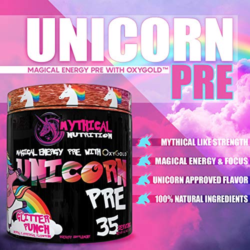 Mythical Nutrition Unicorn PRE Workout by Insane Labz, Pre Workout Powder with Edible Glitter, Extreme Energy Nitric Oxide Boosting, Beta Alanine Betaine Taurine AMPiberry, 35 Srvgs, Sparkling Blue