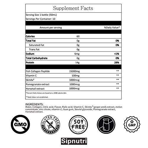 Sipnutri Diamond Liquid Collagen Drink, 15000mg Marine Collagen with Vitamin C, Pomegranate Extract, Horsetail Extract, Healthy Hair Skin Nails Joints Bones Support, 50ml x 10 Bottles