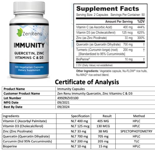 Quercetin 700mg, Zinc, Vitamin C & D3 Supplement - Immune & Health Support Vitamins- Immunity is Made in The USA by Zenrenu