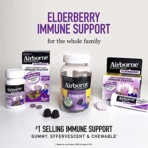 Airborne Elderberry + Zinc & Vitamin C Gummies For Adults, Immune Support Zinc Gummies with Powerful Antioxidants Vit C D & E - (130 count bottle), Delicious Elderberry Flavor