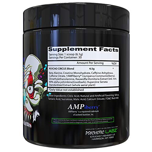 Psychotic Labz Psycho Circus High Stim Pre Workout Powder, Energy Focus Strength Pumps, Loaded with Beta Alanine Creatine Caffeine Ampiberry Dmae Bitartrate, 30 Srvgs, Sweet Watermelon