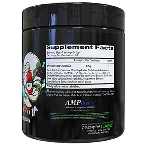 Psychotic Labz Psycho Circus High Stim Pre Workout Powder, Energy Focus Strength Pumps, Loaded with Beta Alanine Creatine Caffeine Ampiberry Dmae Bitartrate, 30 Srvgs, Sweet Watermelon