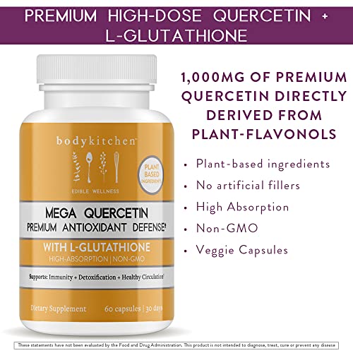 Body Kitchen - Mega Quercetin 1000mg with L-Glutathione, Complete Respiratory Support, Promotes NAC Production, Supports Immune, Cardiovascular Health and Detox, Non-GMO, Veggie Caps, 60 Count