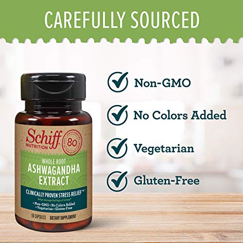 Schiff Ashwagandha Extract Capsules, (50 count in a bottle), Vegetarian, Non-GMO, Gluten-Free, No Colors Added, Helps Manage Feelings of Everyday Stress and Support Healthy Stress Hormone Levels*,ǂ