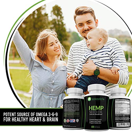 Hemp Seed Oil Capsules 1000mg Made with Organic Hemp Omega 3 6 9 Capsules for Pain and Anxiety Relief, Joint Support & Cardiovascular Health Skin Regenerator Hemp Capsules 60 Pills by Neonutrix