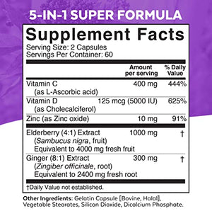 Viva Naturals Elderberry, Vitamin C, Zinc, Vitamin D3 5000 IU & Ginger - Antioxidant & Immune Support Supplement, 2 Month Supply (120 Capsules) - 5 in 1 Daily Immune Support for Adults