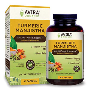 Avira Organic Turmeric Manjistha – Super Fusion with Neem, Amla, Curcumin & Bioperine, for Skin Health & Natural Complexion, Enhanced Absorption, Non-GMO, Max Strength-2190mg Per Day Intake