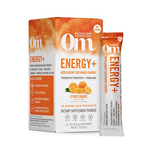 Om Mushroom Superfood Energy Plus Mushroom Powder Drink Mix, Citrus Orange, Single Serve, 10 Count, Mushroom Blend, Cordyceps, Yerba Mate, Tumeric, Vitamin B Complex, Pre-Workout, Immune Supplement