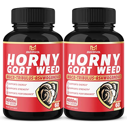 (2 Packs) Horny Goat Weed Capsules, 14000mg Herbal Equivalent with Maca, Tribulus, Ginseng - Performance and Energy Support - 120 Capsules