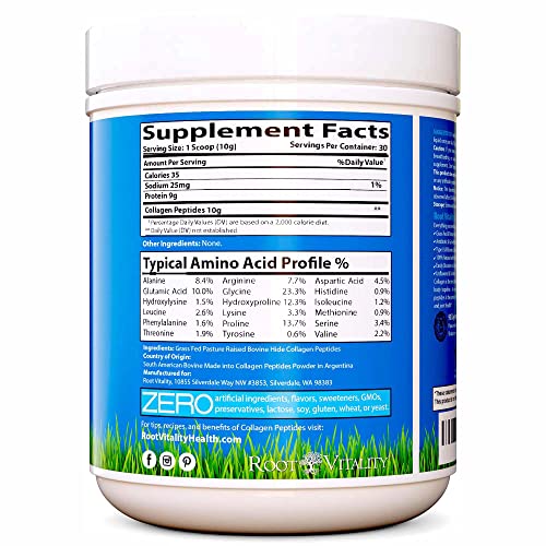 Root Vitality Collagen Powder, Collagen Peptides, Grass Fed, Premium Quality Collagen Protein, Pasture Raised, Easily Dissolves, Keto & Paleo Friendly, Non-GMO, 300 Grams