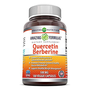 Amazing Formulas Quercetin Berberine - 250 mg of Berberine and 250 mg Quercetin in Each Veggie Capsule. (Non-GMO) Potent Anti-oxidant Properties. Supports Heart Health, Energy Production* (180 Count)