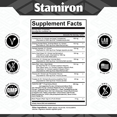 Turkesterone Fadogia Agrestis Tongkat Ali Tribulus Yohimbine Supplement w/ Maca Ginseng Horny Goat Weed Ashwagandha Beta-Ecdysterone Fenugreek DAA Saw Palmetto DHEA Nettle Boron Sasparilla - USA Made