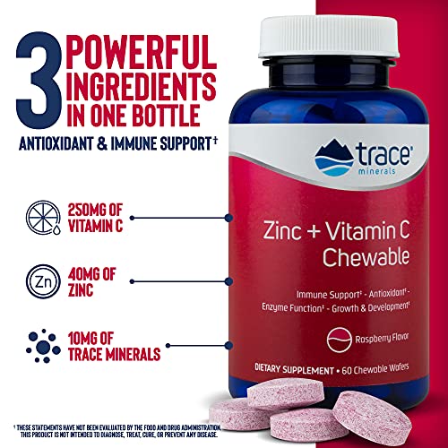 Trace Minerals Zinc + Vitamin C Chewable| Immune Booster | Antioxidant | Growth and Development | Enzyme Function | Gluten Free | Raspberry Flavor | 60 Chewables