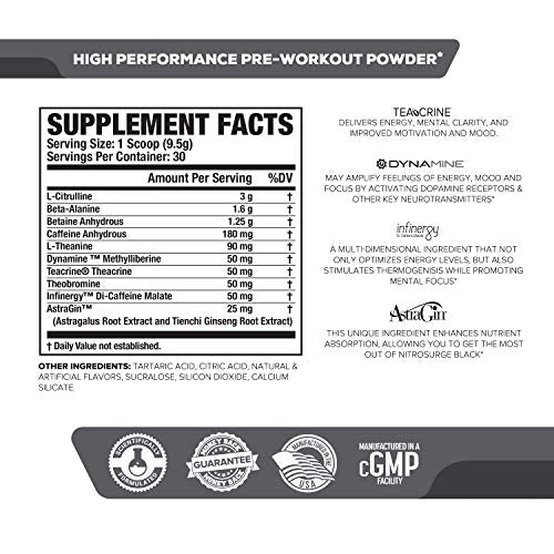 NITROSURGE Black Pre Workout Supplement - Nootropic Energy Booster Powder w/Dynamine & TeaCrine - PreWorkout Nitric Oxide Booster - 30 Servings, Sour Gummy