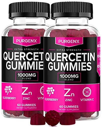 Quercetin + Zinc + Vitamin C 1000mg Gummies Supplements with Elderberry for Kids Adults Lung Immune Support Supplement Gummy, Immunity Allergy Relief Chewable Vitamins Powder Capsules Liquid (2 Pack)