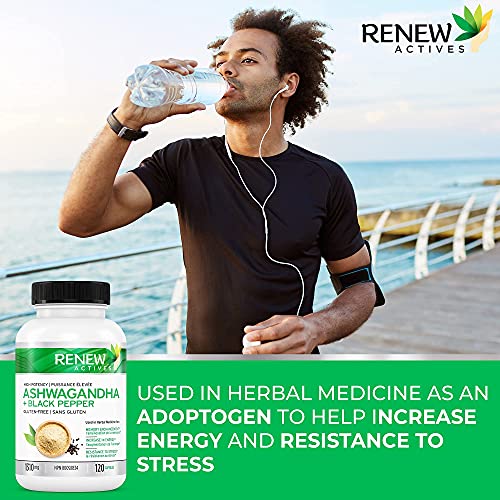 Renew Actives Organic ASHWAGANDHA Capsules: 1300 Mg of Ashwagandha with 10 Mg of Black Pepper - Powerful Herbal Supplement Traditionally Used to Support Sleep - 120 Veggie Supplements. Non-GMO