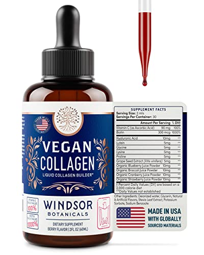 Vegan Collagen Supplement with Biotin Liquid - Age Defense Formula for Youthful Skin, Strong Hair and Nails, and Pain-Free Joints - Gluten-Free, Non-GMO Liquid Collagen Builder - Berry Flavor - 2 oz