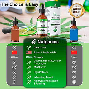 Organic Hemp Oil Drops 2500mg- Ultra Premium Hemp Oil Extract- Hemp Oil 2500mg- Pain Relief Anti- Inflammatory, Joint Support, Stress, Anxiety & Mood Relief. Sleep Aid. Skin & Hair Care. Made in USA