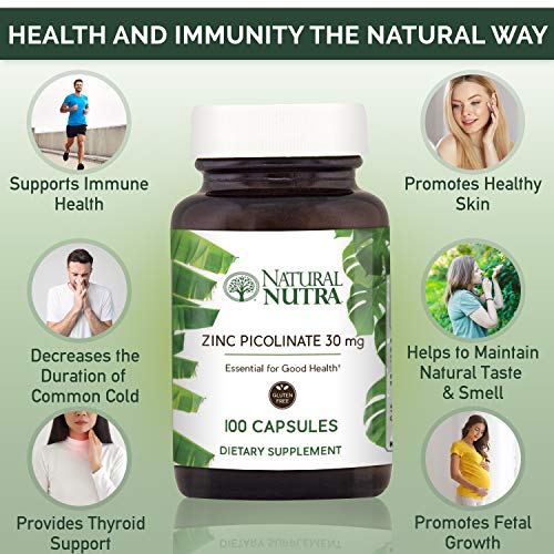 Natural Nutra Zinc Picolinate 30 mg, Double Strength, Raw and Pure, Highly Bioavailable Supplement for Growth, Immune and Thyroid Support, 100 Capsules