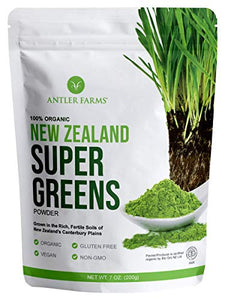 Antler Farms - 100% Pure New Zealand Super Greens Powder, 40 Servings, 200g - Wheat Grass, Barley Grass, Chlorella, Spirulina - Vegan, Gluten Free, Chlorophyll Rich, for Energy and Detox