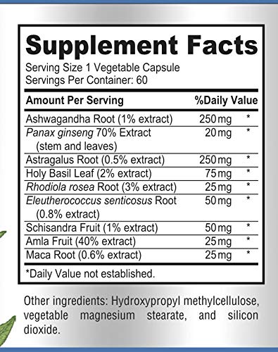 Adaptogen Stress Relief Immune Support Formula, 60 Capsules, Adrenal Support with Ashwagandha, Astragalus, Ginseng, Holy Basil, Rhodiola, Amla, Maca, Schisandra, Eleuthero, Non-GMO