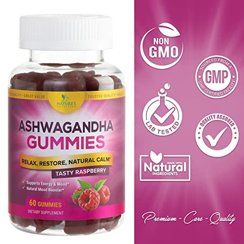 Ashwagandha Gummies - Relax, Calm, Unwind with Potent Mood & Stress Support Vitamins - Vegan Friendly, Non-GMO, Plant-Pectin Based - Delicious Raspberry Flavor Chews for Women & Men - 60 Gummies