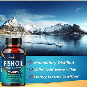Omega 3 Fish Oil 2500mg Supplement by New Age - 2 Pack – Immune & Heart Support – Promotes Joint, Eye, Brain & Skin Health - Non GMO 180 Softgels - EPA, DHA Fatty Acids Gluten Free
