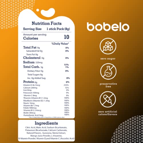 Bobelo Self Carbonating Natural Energy Drink Powder - Peach Mango Sunrise | Keto Energy Drink Mix with Natural Caffeine | Diabetic Friendly and Low Calorie | 14 count