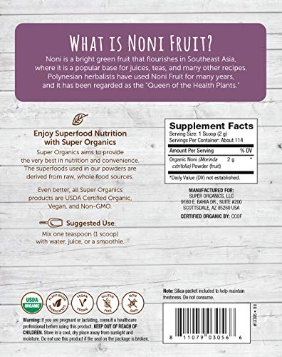 Super Organics Noni Fruit Powder | Tropical Superfruit | Organic Superfood Powder | Vegan, Gluten-Free & Non-GMO, 8 oz