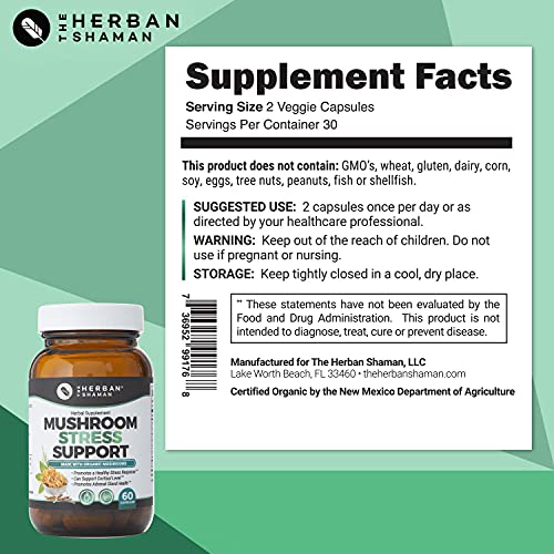 The Herban Shaman’s Mushroom Stress Support Capsules | Organic Mushroom Herbal Capsules with Reishi, Lions Mane, Turkey Tail, Lemon Balm, Bacopa (60 Capsules)