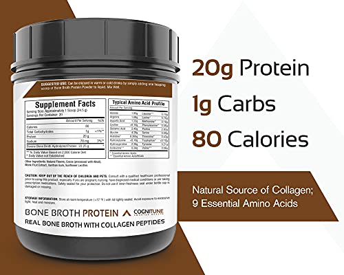 Bone Broth Protein Powder Chocolate - Grass Fed Collagen Peptides - Protein Powder Without Artificial Sweeteners - No Sugar, Paleo & Keto Friendly -Dairy Free, Gluten Free - 20g Protein, 20 Servings