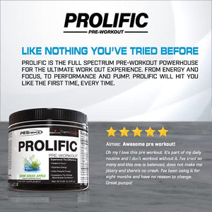 PEScience Prolific Pre Workout Powder, Sour Green Apple, 40 Scoop, Energy Supplement with Nitric Oxide