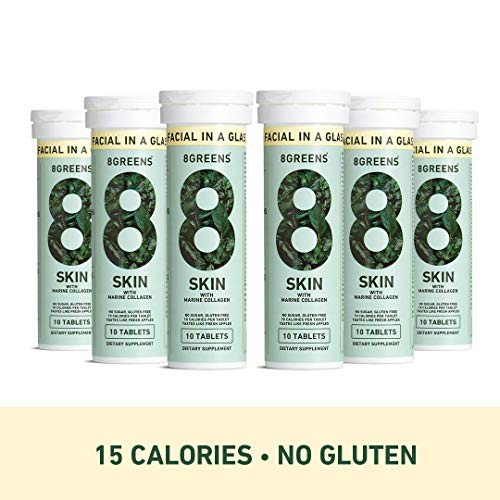 8Greens Skin + Marine Collagen for Beautiful Skin - Effervescent Super Greens Dietary Supplement - 8 Essential Healthy Real Greens in One (6 Tubes / 60 Tablets)