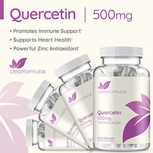 Clear Formulas Quercetin 500mg with Bromelain and Zinc Supplement - 240 Capsules - Quercetin Dihydrate to Support Immune Health and Cardiovascular