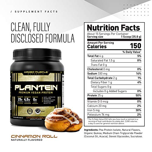Vegan Protein Powder; Kaged Muscle Plantein, Delicious Organic Pea Protein Powder with Enhanced Absorption (15 Servings, Cinnamon Roll)