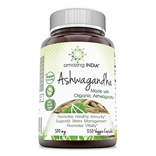 Amazing India Ashwagandha (Made with Organic Ashwagandha) 500 Mg 250 Veggie Capsules (Non-GMO) * Promotes Healthy Immunity Supports Stress Management and Promotes Vitality *