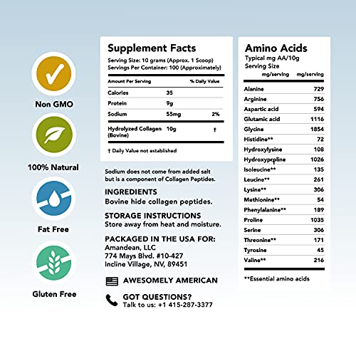 Amandean Collagen Peptides Powder XL. Grass-Fed Hydrolyzed Type I & III Collagen Protein. Paleo & Keto Fit. Bovine Hydrolysate. Easy to Mix, Unflavored, Non-GMO. 18 Aminos for Healthy Skin Hair Nails.