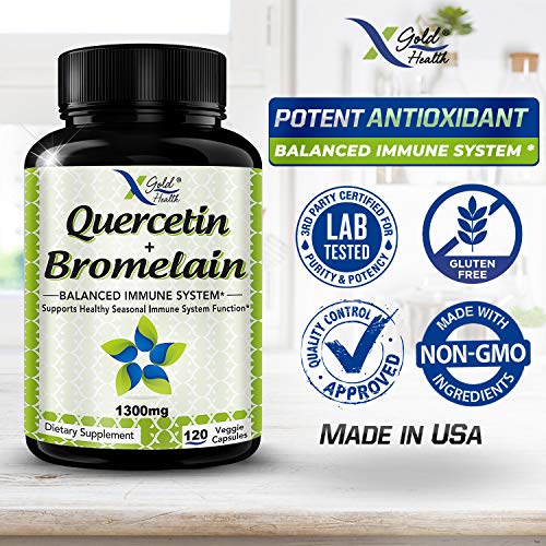 Quercetin 1000mg + Bromelain 300mg per Serving- Quercetin with Bromelain Supplement Complex for Cardiovascular Health, Respiratory System Support, Immune Function & Allergy Support-120 Veggie Capsules