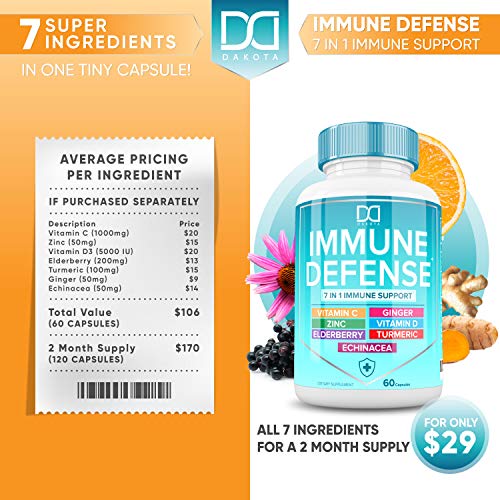 7 in 1 Immune Support Zinc Supplements 50mg Elderberry with Zink and Vitamin C, Vit D3 5000 IU, Echinacea, Turmeric Curcumin & Ginger Immunity Vitamins Booster - Natural Allergy Relief for Kids Adults