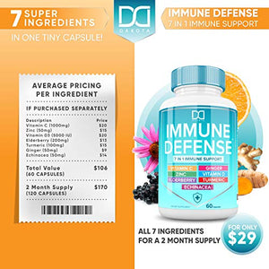 7 in 1 Immune Support Zinc Supplements 50mg Elderberry with Zink and Vitamin C, Vit D3 5000 IU, Echinacea, Turmeric Curcumin & Ginger Immunity Vitamins Booster - Natural Allergy Relief for Kids Adults