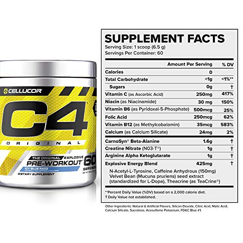 C4 Original Pre Workout Powder ICY Blue Razz | Vitamin C for Immune Support | Sugar Free Preworkout Energy for Men & Women | 150mg Caffeine + Beta Alanine + Creatine | 60 Servings